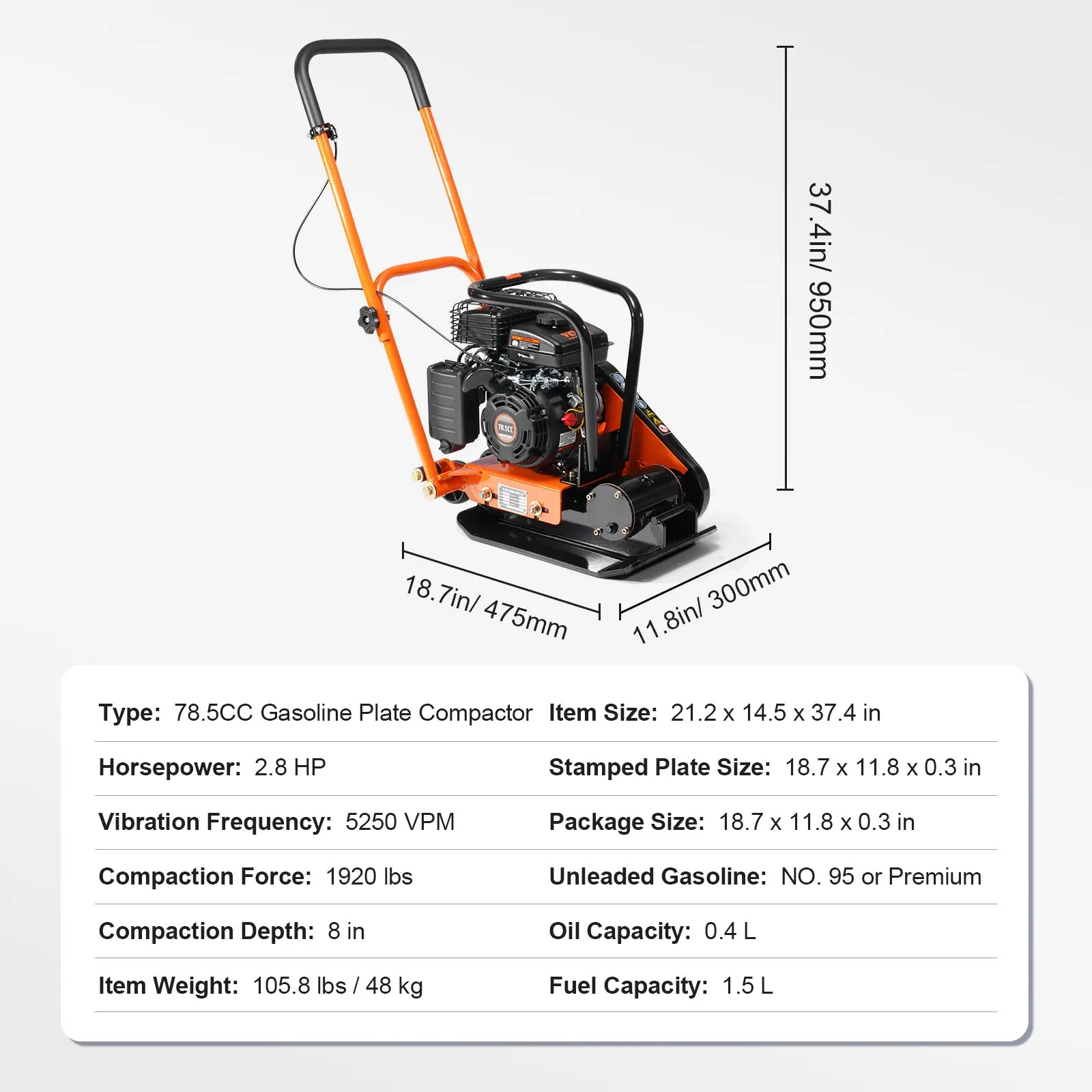 Compactador de placa, motor de gasolina de 6.5 HP y 196 CC, compactador vibratorio de 4200 lb, compactador de placa de 22.1 x 15.9 pulgadas, compactador de pavimento de 5600 VPM para pasarelas, asfalto, paisajismo con adoquines