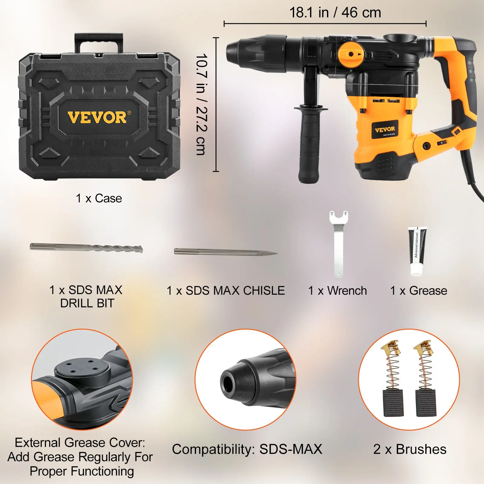 Taladro percutor rotativo Taladros con cable 1-9/16" 3 modos Martillos cinceladores SDS-MAX