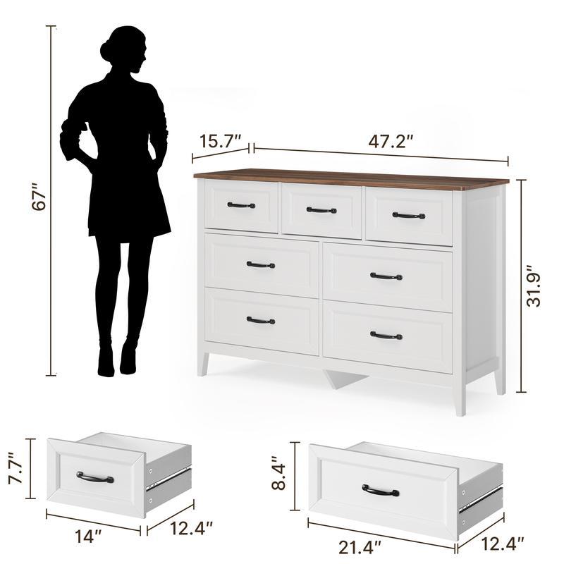 Cómoda de estilo rústico con 7 cajones, color blanco, con tiradores metálicos, 119 cm de ancho. Mueble organizador de madera para dormitorio infantil, pasillo, sala de estar o apartamento de chica. Ahorra espacio.