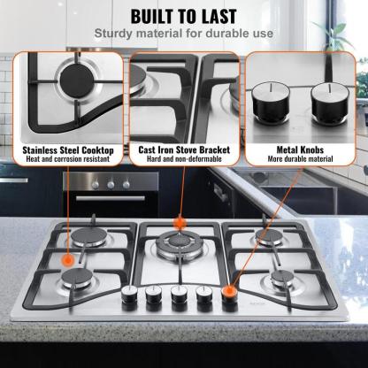 Cocina a gas de 30 pulgadas, 5 quemadores integrados, máx. 12250 BTU (NG/LPG), acero inoxidable, convertible, con protección de termopar para camping, autocaravanas y apartamentos.