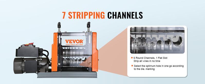 VEVOR Electric Cable Stripping Tool, , 0.06''-0.98'' Motorized Wire Stripper, 60W, Features Clear Depth Gauge, Includes 6 Circular & 1 Flat Channels for Efficient Copper Wire Recycling VEVOR Super Brand Day VEVOR Electric Cable Stripping Tool, , 0.06''-0.98'' Motorized Wire Stripper, 60W, Features Clear Depth Gauge, Includes 6 Circular & 1 Flat Channels for Efficient Copper Wire Recycling VEVOR Super Brand Day