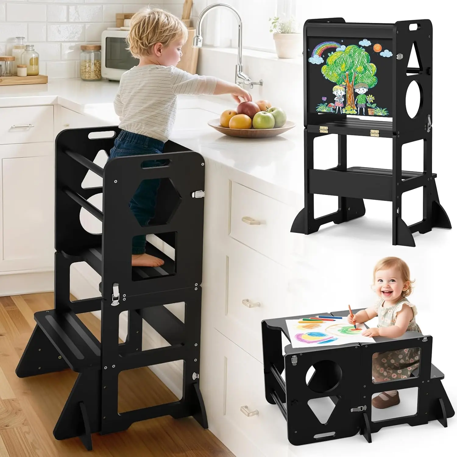 Taburete de cocina 4 en 1 para niños pequeños: Torre de aprendizaje plegable con pizarra para niños de 1 a 3 años