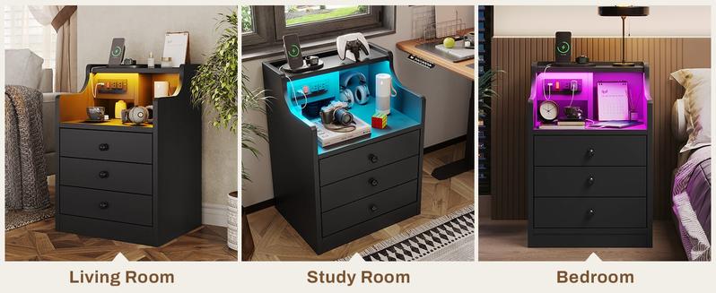Sikaic LED Nightstand With Hutch Drawers Charging Station Furniture Home Table Tabletop Design