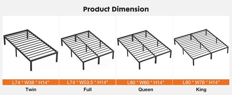 Bed Frame，Heavy Duty Metal Platform Bed Frames with Storage Space Under Frame, 14 Inches, Sturdy Steel Slat Support, No Box Spring Needed