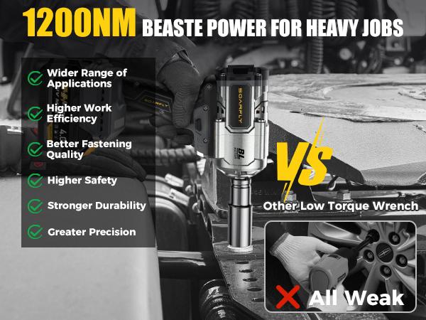 SOARFLY 1200NM (900FT-LBS) Cordless lmpact Wrench, For Automobiles, Trucks, 2x 4.0Ah Batteries, Fast Charger, 3000RPM, 5 Sockets & 1 Extension Bar High Torque Impact Power Tool Compatible