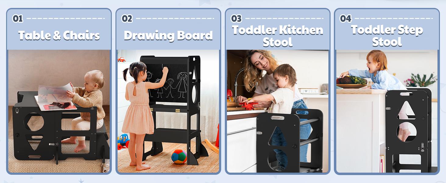 WOODURE 4-in-1 Toddler Kitchen Step Stool - Foldable Learning Tower with Blackboard for Kids Ages 1-3