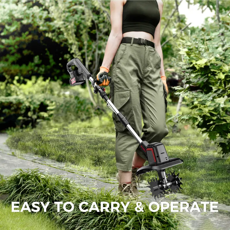 SOARFLY Cultivador y Motoazada Inalámbrica de 20 V, 360 RPM, Incluye 2 Baterías de 4.0 Ah y Cargador; 9 Pulgadas de Ancho, 6.6 Pulgadas de Profundidad, 48 Dientes de Acero — Ideal para Césped, Jardinería y Cultivo del Suelo