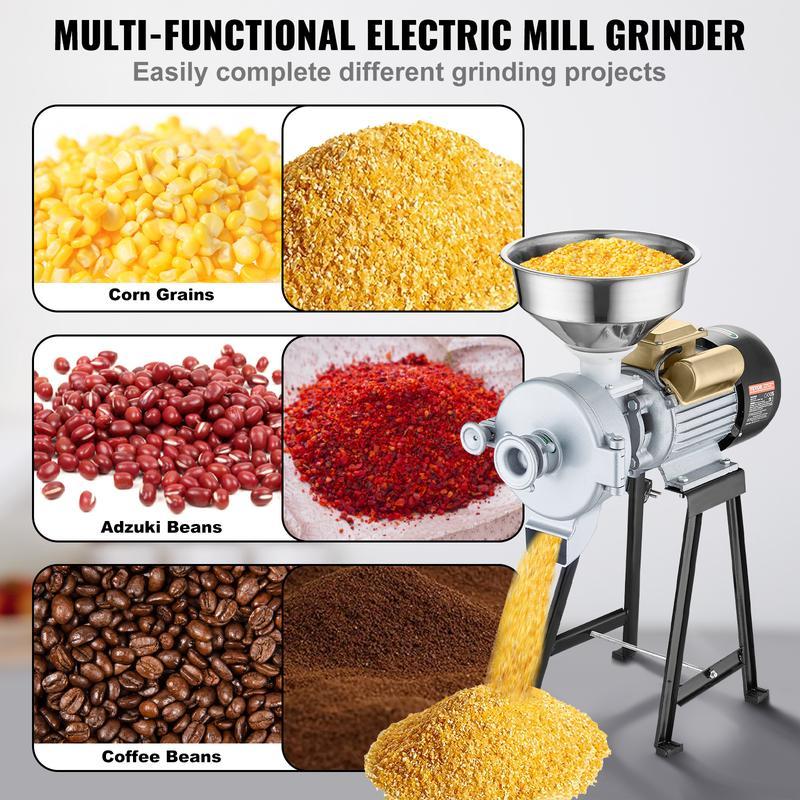 Molino eléctrico para granos, molinillo de especias de 3000 W, molino de maíz comercial con embudo, máquina para moler con grosor ajustable, molino de harina y cereales de alta resistencia, apto para moler en seco y en húmedo.