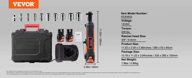 VEVOR 3/8" Cordless Electric Ratchet Wrench Set, TikTokShopBlackFriday, 12V 33 Ft lbs Power Ratchet Tool Kit, 45 Min Fast Charge, 2 Pack 2.0Ah Battery, Built in LED Light