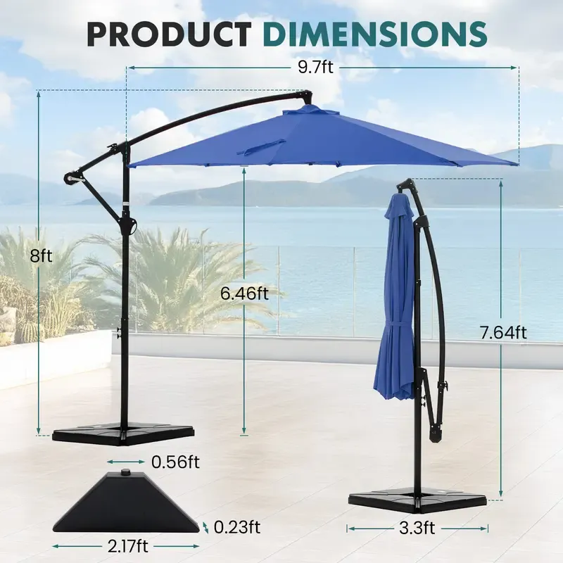 【Con base】 Sombrilla excéntrica de 10 pies para patio exterior (con base) — Inclinación y manivela sencillas, pantalla de poliéster ajustable para jardín, patio trasero y zona de piscina.