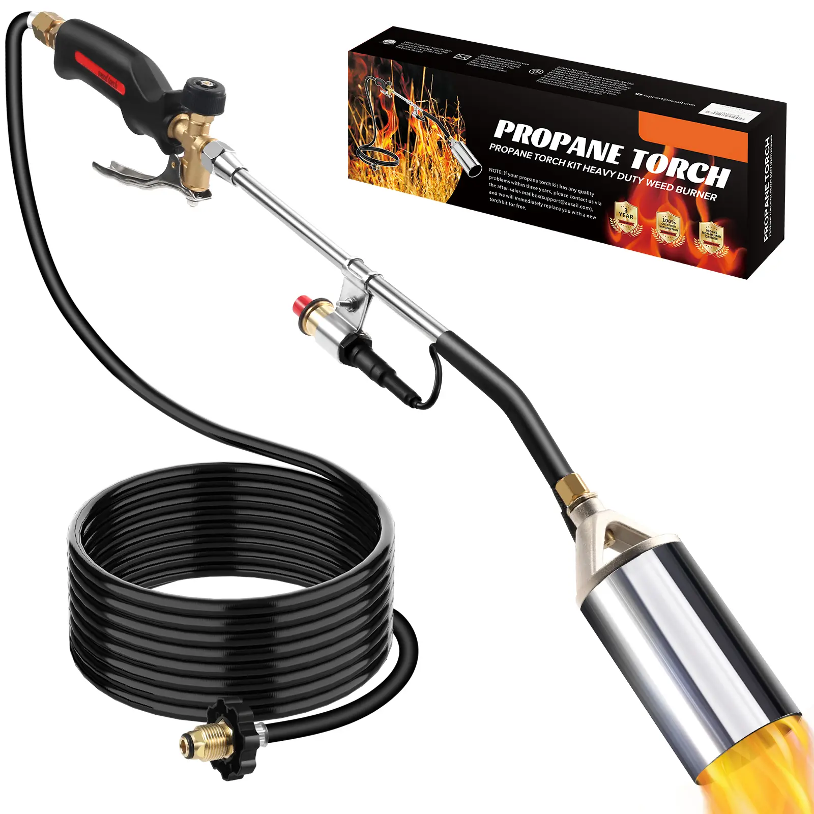 Soplete de propano para quemar malezas, soplete, lanzallamas de alta potencia y alta resistencia con gatillo turbo, botón de encendido y manguera de 3 m para techos, asfalto, hielo, nieve y señalización vial.