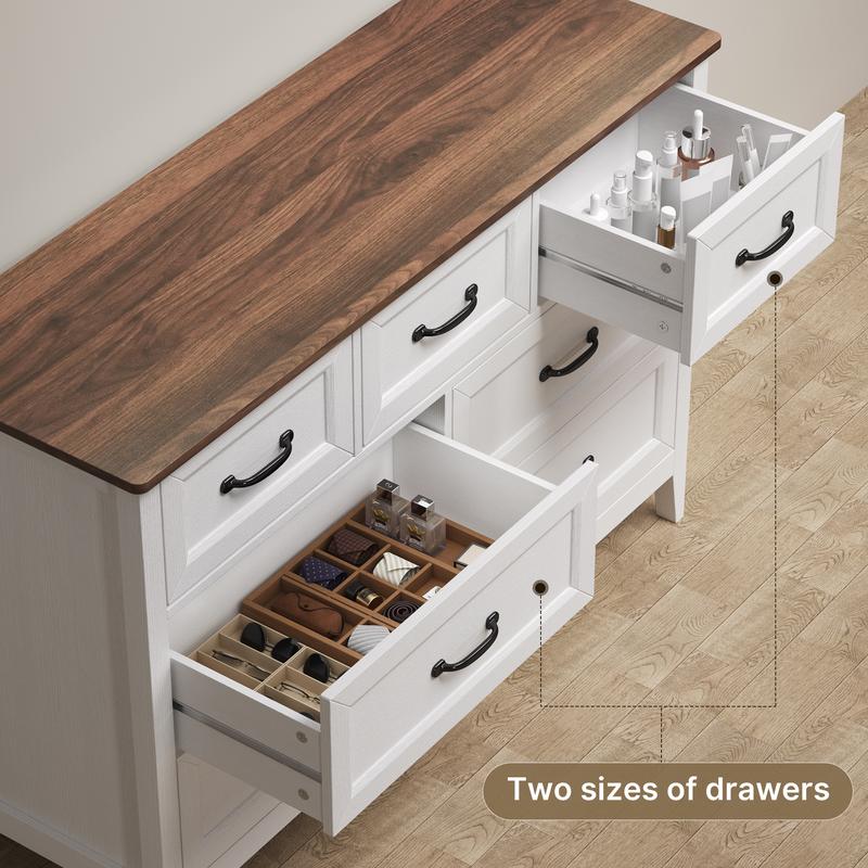 Cómoda de estilo rústico con 7 cajones, color blanco, con tiradores metálicos, 119 cm de ancho. Mueble organizador de madera para dormitorio infantil, pasillo, sala de estar o apartamento de chica. Ahorra espacio.