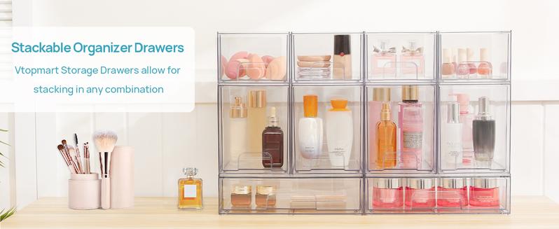 Vtopmart Stackable Storage Drawers Set of 5/8 Clear Plastic Organizer Bins for Nursery Bottle Station and Beauty Supplies Vanity Bathroom Cabinet Pantry Organization Multi-Size Flexible Design BPA-Free Safe New Year Gift