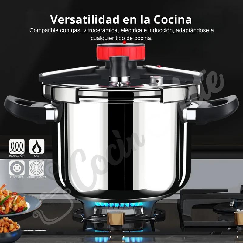 Olla a Presión de Acero Inoxidable con Cesta Vaporera y Tapa de Vidrio – Capacidades 6L, 8L y 10L – Compatible con Inducción, Eléctrica y Vitrocerámica y todo tipo de cocina – Segura, Eficiente y Fácil de Limpiar