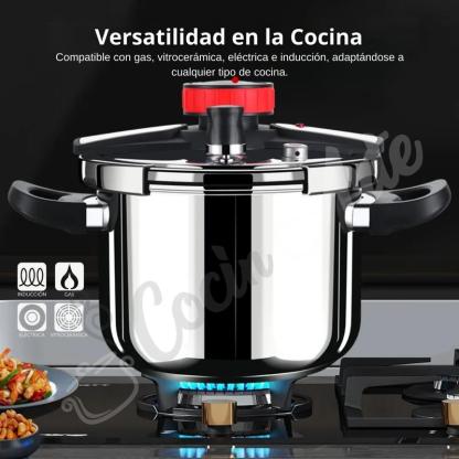 Olla a Presión de Acero Inoxidable con Cesta Vaporera y Tapa de Vidrio – Capacidades 6L, 8L y 10L – Compatible con Inducción, Eléctrica y Vitrocerámica y todo tipo de cocina – Segura, Eficiente y Fácil de Limpiar