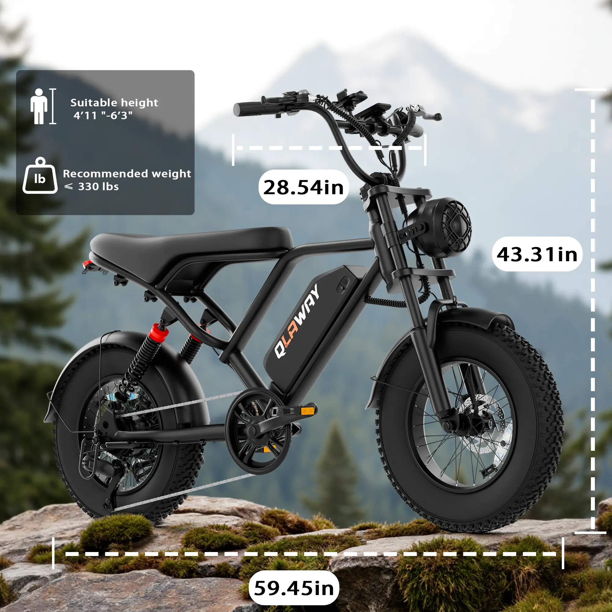 Bicicleta eléctrica, equipada con cuadro de acero de alto carbono, sistema de suspensión completa, velocidad máxima de 25 mph, 48 V 648 Wh, autonomía con asistencia al pedaleo de 30 a 70 millas, neumáticos todoterreno de 16 pulgadas. Motocicleta todoterre