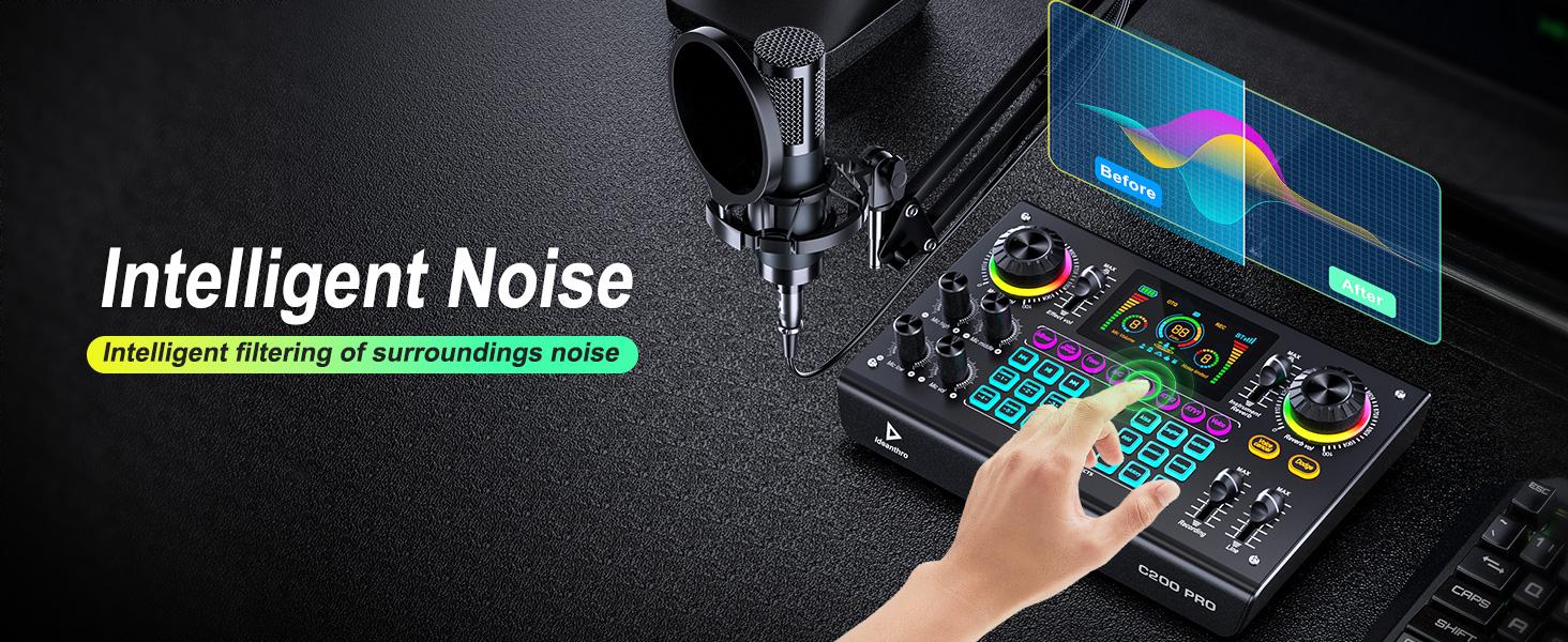 Ideanthro C200 PRO-P15 sound card features a dual-core DSP chip, supports dual microphones and dual headphones, has adjustable tone and multiple voice changer settings, and is compatible with most live streaming platforms