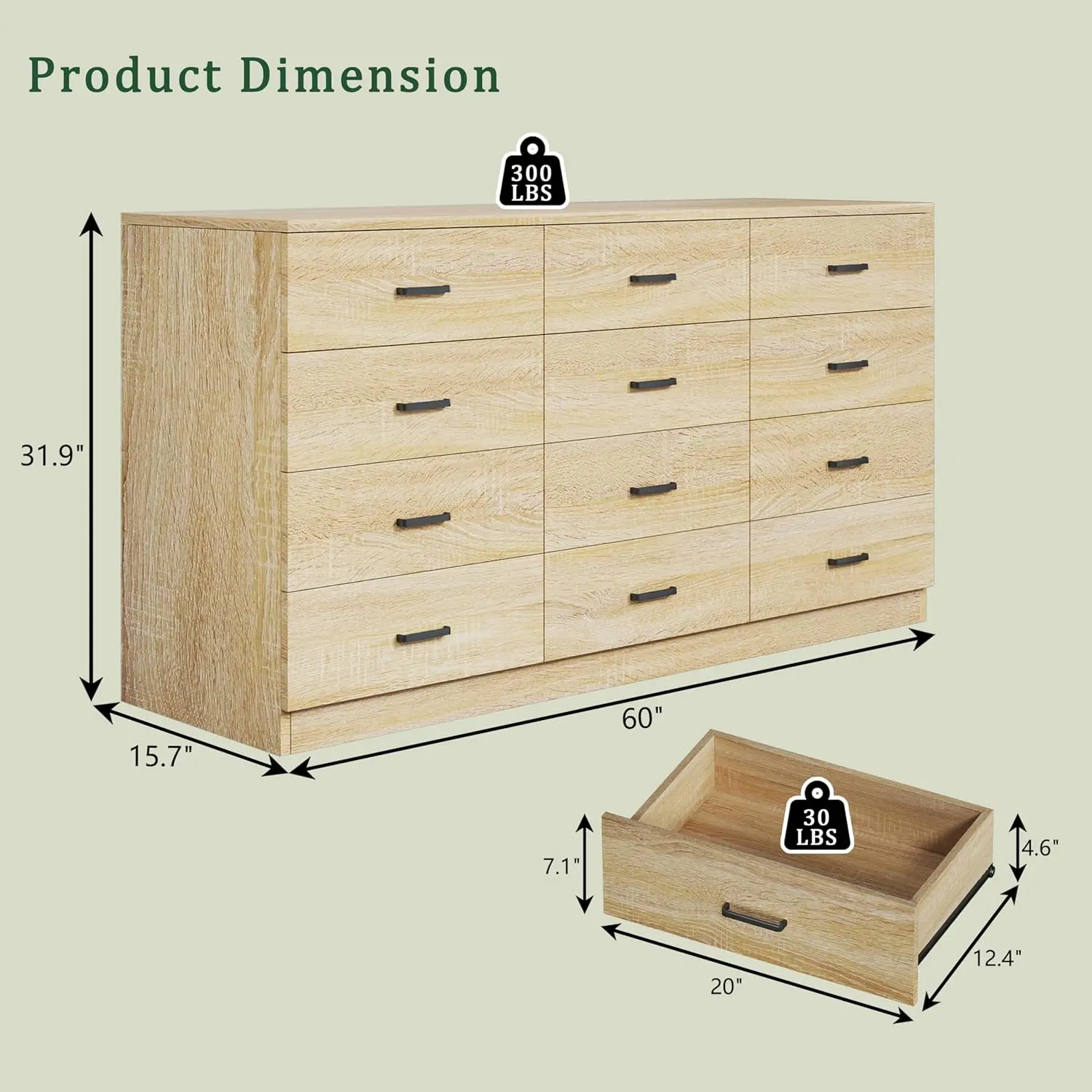 Cómoda para dormitorio con 12 cajones, 152 cm de ancho, estilo moderno de mediados de siglo, con veta de madera natural, cómoda con mueble para TV, organizador de almacenamiento grande, armario, entrada, color natural.