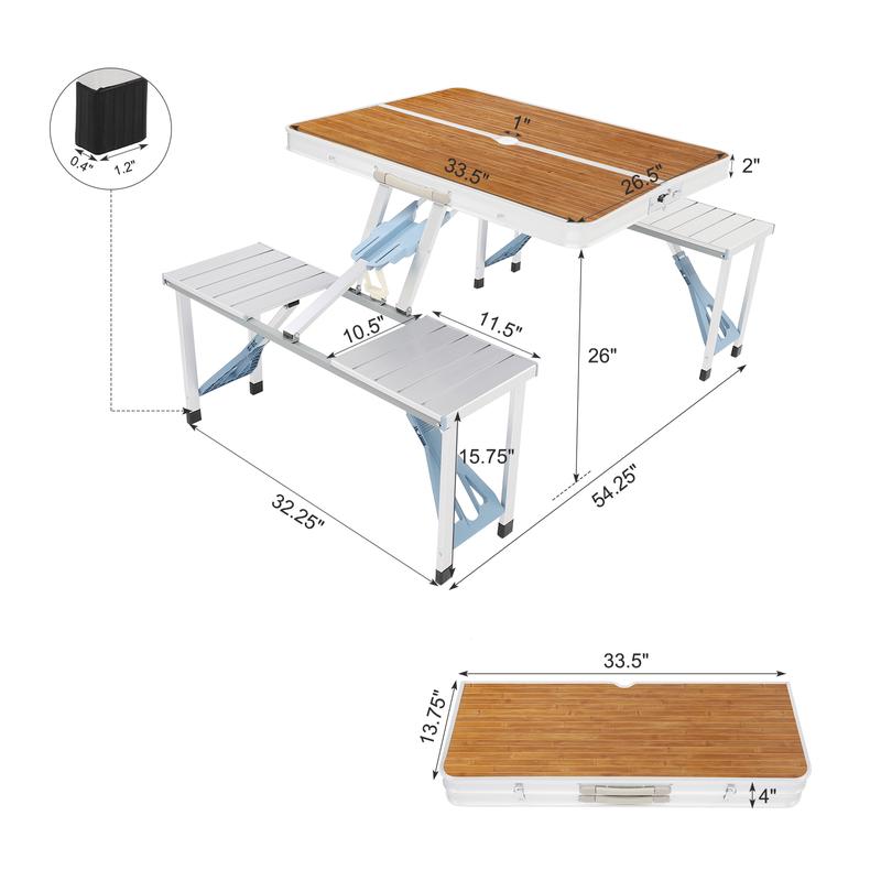 VINGLI 4 Ft Camping Picnic Table Set with 4 Seats, 220 Lbs Support Aluminum Frame, Foldable Suitcase Design with Umbrella Hole, for BBQ, Travel, Outing, Gathering, RV