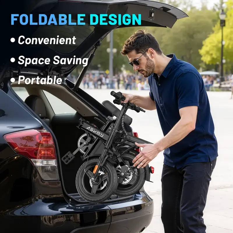 Bicicleta eléctrica plegable ASKMY E14: Motor de 1000 W (pico), hasta 45 millas de autonomía | Neumáticos sin cámara de 14", frenos de disco duales | Certificación UL, batería a prueba de pinchazos, garantía de 12 meses, diseño ligero