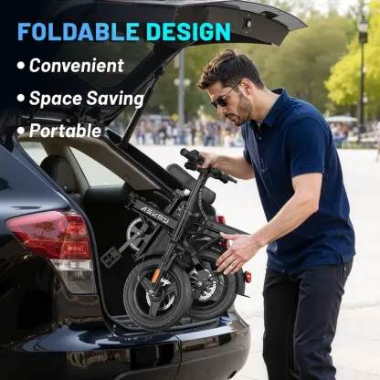 Bicicleta eléctrica plegable ASKMY E14: Motor de 1000 W (pico), hasta 45 millas de autonomía | Neumáticos sin cámara de 14", frenos de disco duales | Certificación UL, batería a prueba de pinchazos, garantía de 12 meses, diseño ligero