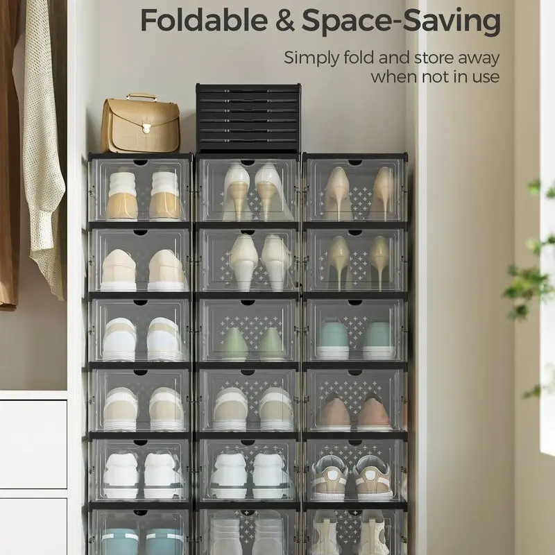 SONGMICS HOME Cajas para zapatos plegables — Organizador plegable, apilable y portátil para tallas de EE. UU. 13 — Estantes de plástico PP transparente