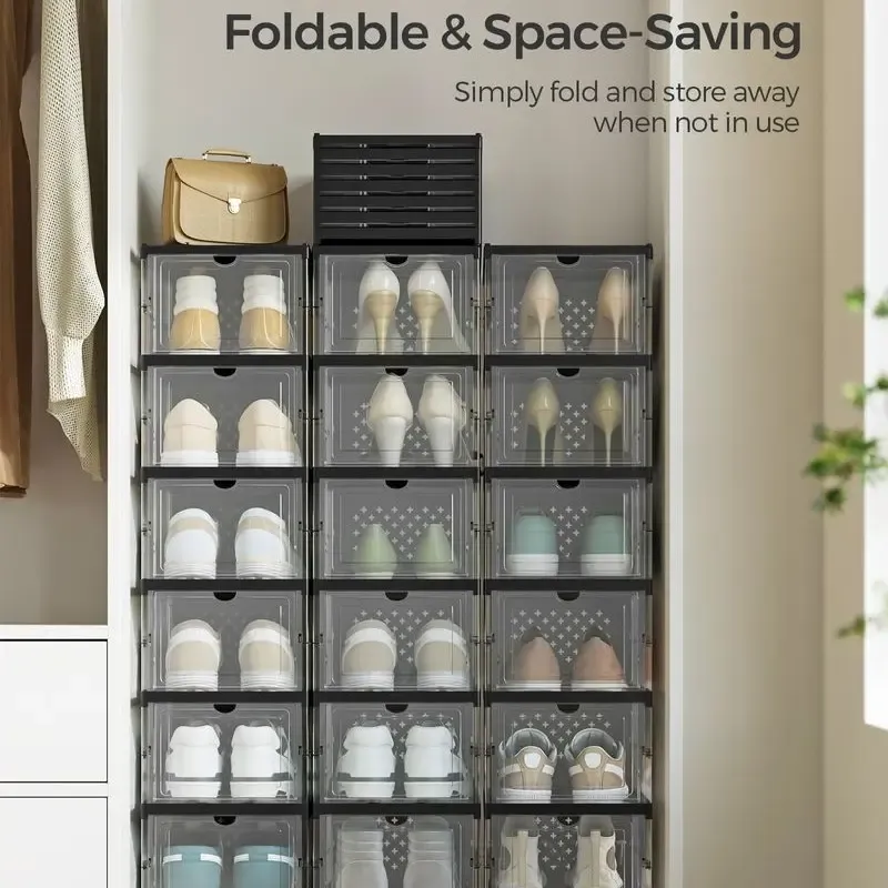 SONGMICS HOME Cajas para zapatos plegables — Organizador plegable, apilable y portátil para tallas de EE. UU. 13 — Estantes de plástico PP transparente