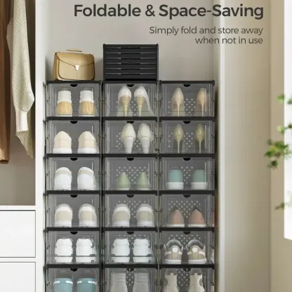 SONGMICS HOME Cajas para zapatos plegables — Organizador plegable, apilable y portátil para tallas de EE. UU. 13 — Estantes de plástico PP transparente