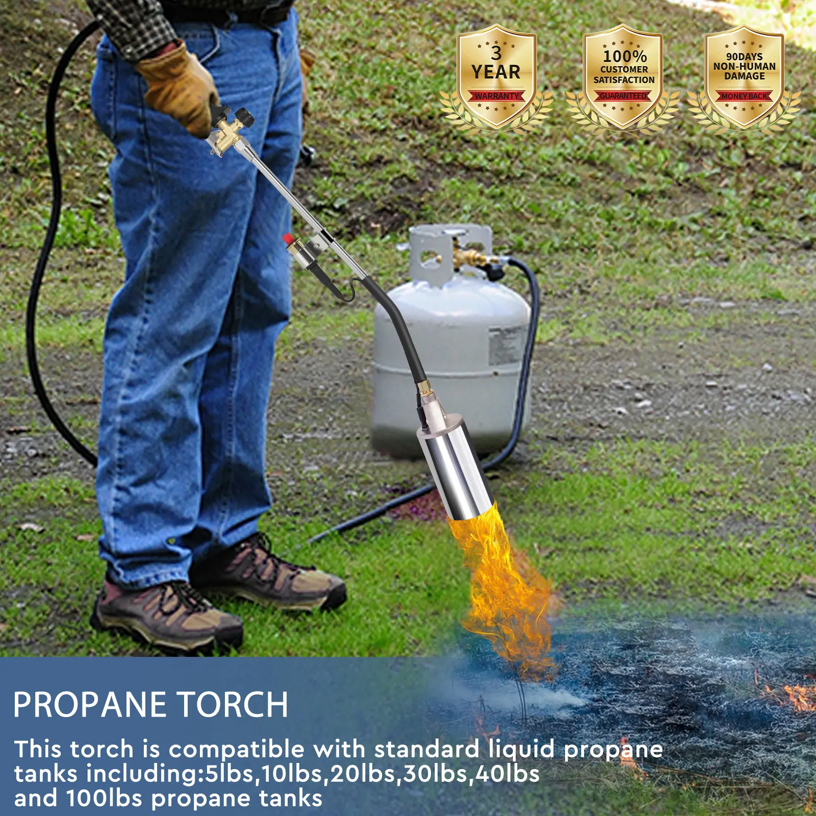 Soplete de propano para quemar malezas, soplete, lanzallamas de alta potencia y alta resistencia con gatillo turbo, botón de encendido y manguera de 3 m para techos, asfalto, hielo, nieve y señalización vial.