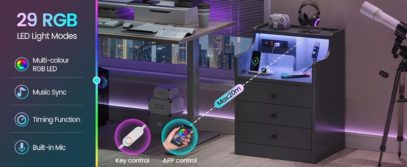 Sikaic LED Nightstand With Hutch Drawers Charging Station Furniture Home Table Tabletop Design