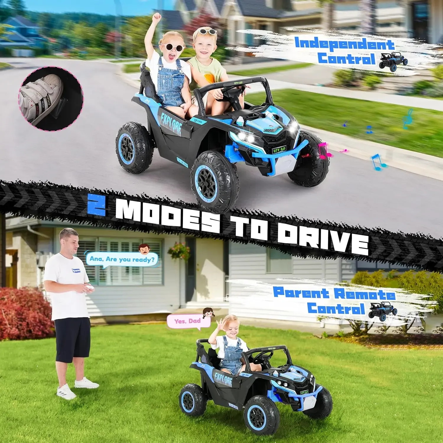 (EM-KC03) Coche eléctrico para niños de 2 plazas, UTV todoterreno 4WD, con batería de gran capacidad de 7 Ah, control remoto, cinturón de seguridad, bocina, música y luces — Para niños de 3 a 8 años (Azul)