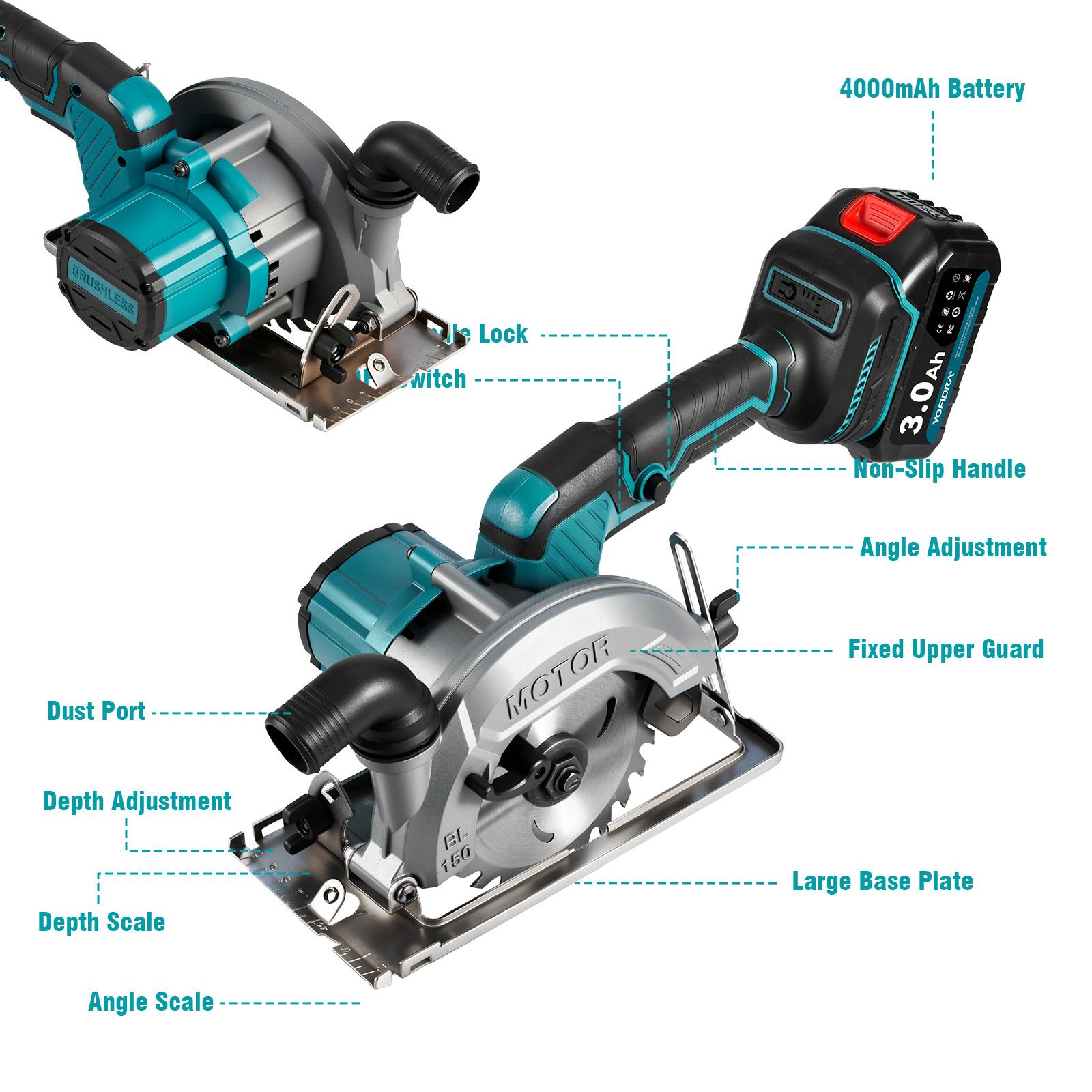 YOFIDRA Cordless Handheld Circular Saw | 48mm Depth/45&deg; Misalignment | Comes with 3 Saw Blades and Dual Batteries | Brushless Motor | Suitable for Wood, Metal, and Stone DIY