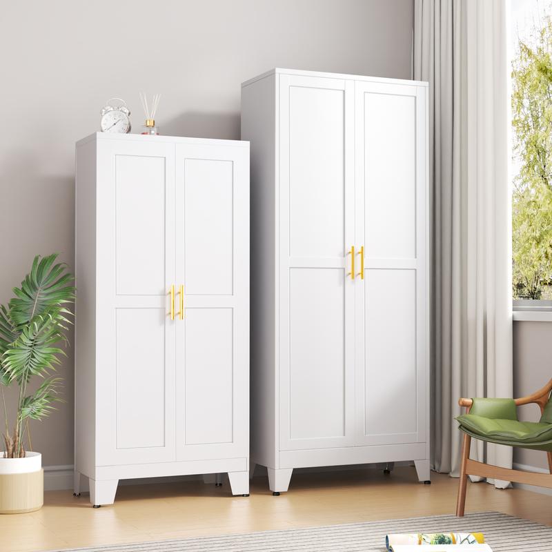 75.2" Tall Pantry Cabinet, Kitchen Pantry Storage Cabinets with 2 Door and 5 Adjustable Shelves, White Metal Pantry Storage Cabinet, Cupboard for Kitchen, Dining Room, Living Room and Bathroom Organizer