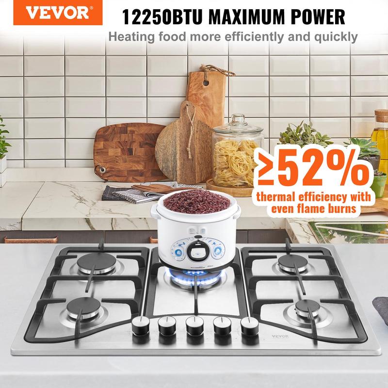 Cocina a gas de 30 pulgadas, 5 quemadores integrados, máx. 12250 BTU (NG/LPG), acero inoxidable, convertible, con protección de termopar para camping, autocaravanas y apartamentos.