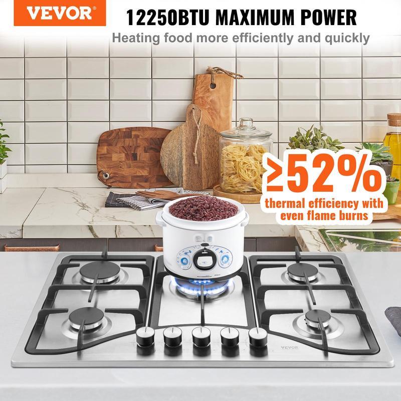 Cocina a gas de 30 pulgadas, 5 quemadores integrados, máx. 12250 BTU (NG/LPG), acero inoxidable, convertible, con protección de termopar para camping, autocaravanas y apartamentos.