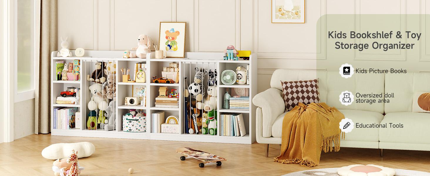 ONBRILL Toddler Stuffed Animal Zoo, Toy Storage Organizer for Playroom, BookShelf for Kids Rooms, Plush Toy Organizers and Storage, Elastic Band Child Bookcase, Toy Shelf with 8 Storage Cubbies