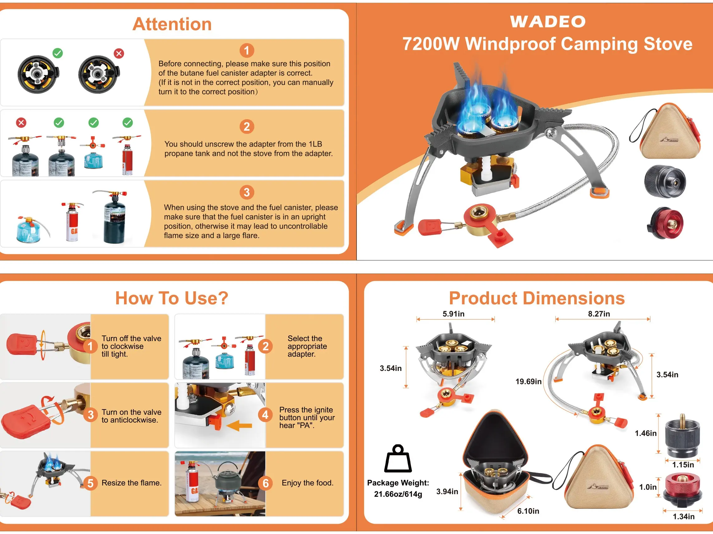 Estufa de camping a prueba de viento de 7200 W, estufa de gas con encendido piezoeléctrico, adaptador para dos cartuchos de combustible, estuche de transporte, estufa portátil, estufa para mochileros, senderismo y picnics al aire libre.