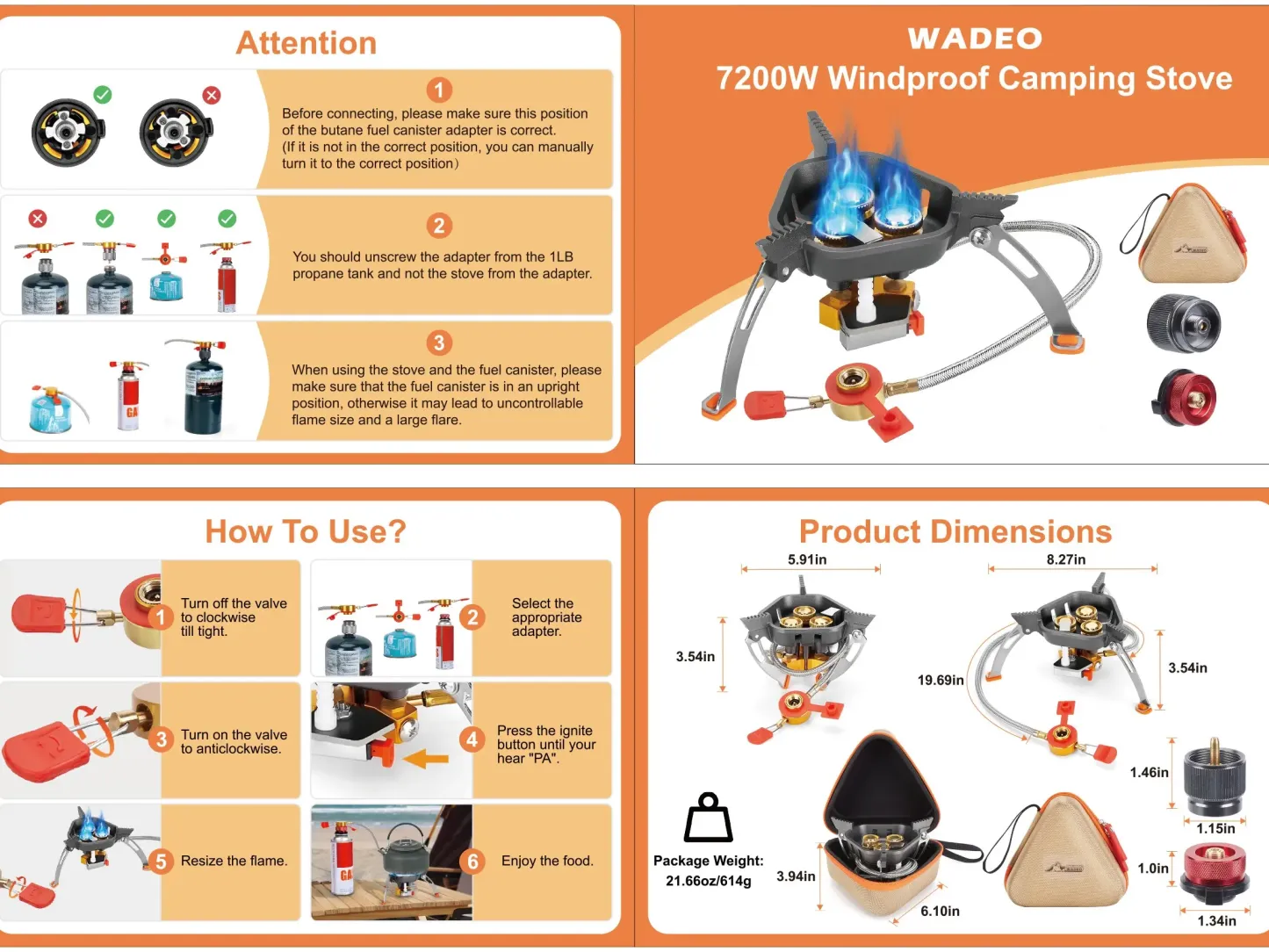 Estufa de camping a prueba de viento de 7200 W, estufa de gas con encendido piezoeléctrico, adaptador para dos cartuchos de combustible, estuche de transporte, estufa portátil, estufa para mochileros, senderismo y picnics al aire libre.