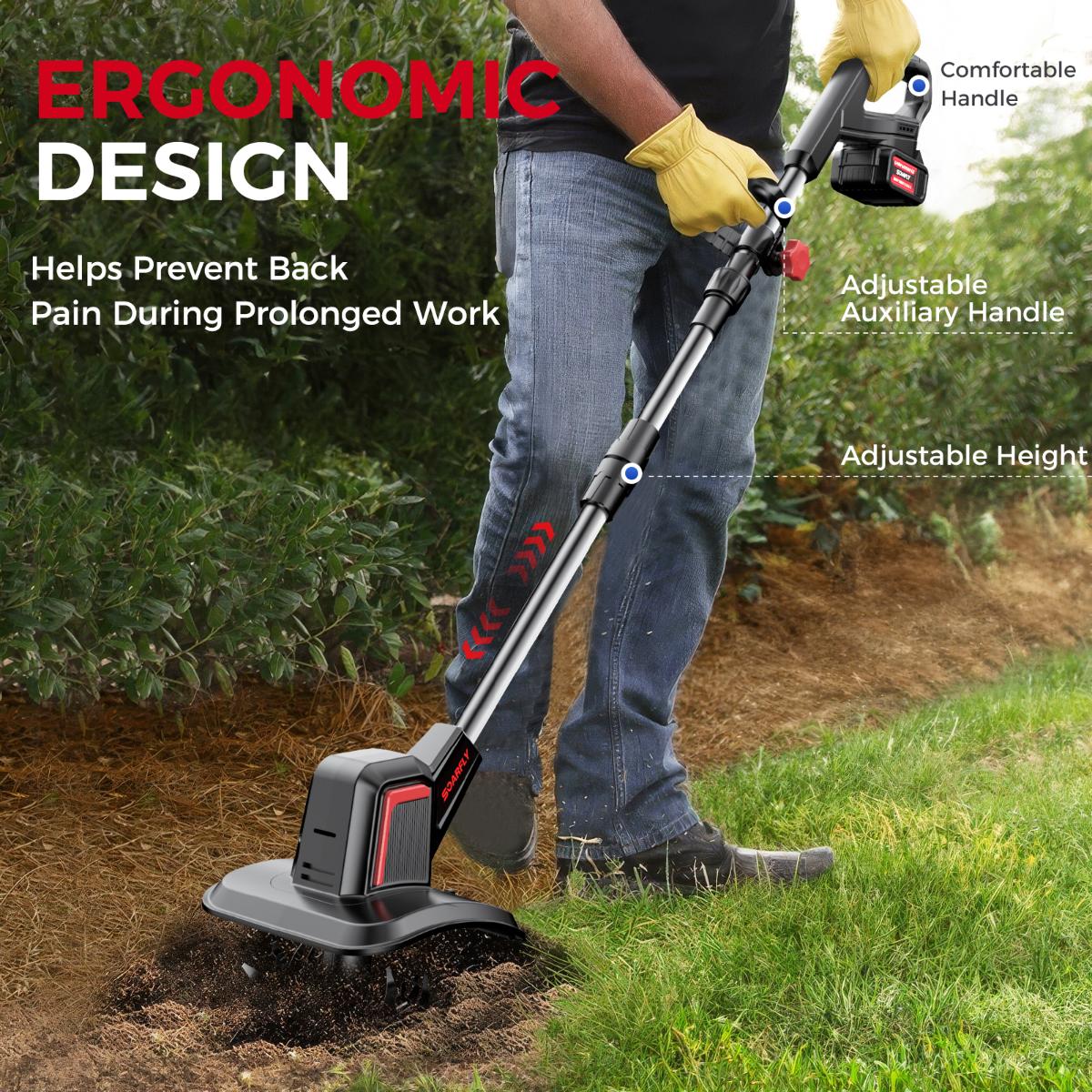 SOARFLY 20V Cordless Tiller Cultivator, 360 RPM, With 2×4.0AH Batteries & Charger, 9 inch Width, 6.6 inch Depth, 48 Steel Tines Rototiller for Lawn/Gardening/Soil Cultivation SOARFLY 20V Cordless Tiller Cultivator, 360 RPM, With 2×4.0AH Batteries & Charger, 9 inch Width, 6.6 inch Depth, 48 Steel Tines Rototiller for Lawn/Gardening/Soil Cultivation