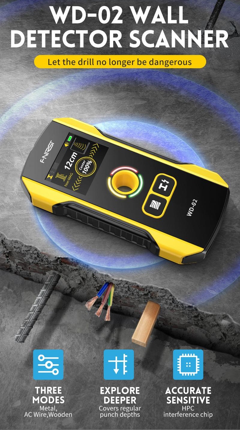 FNIRSI WD-02 Wall Detector Stud Finder Portable Precise Positioning TFT Display AC Live Cable Wires Metal Wood Stud Wall Scanner Tool Hardware with Clear Depth Gauge and Audible Alerts
