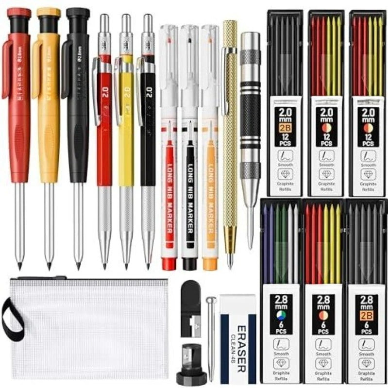 Complete Marking Kit for Tradesmen – 3 Carpenter Pencils – With Colored Refills – Essential Toolbox Addition