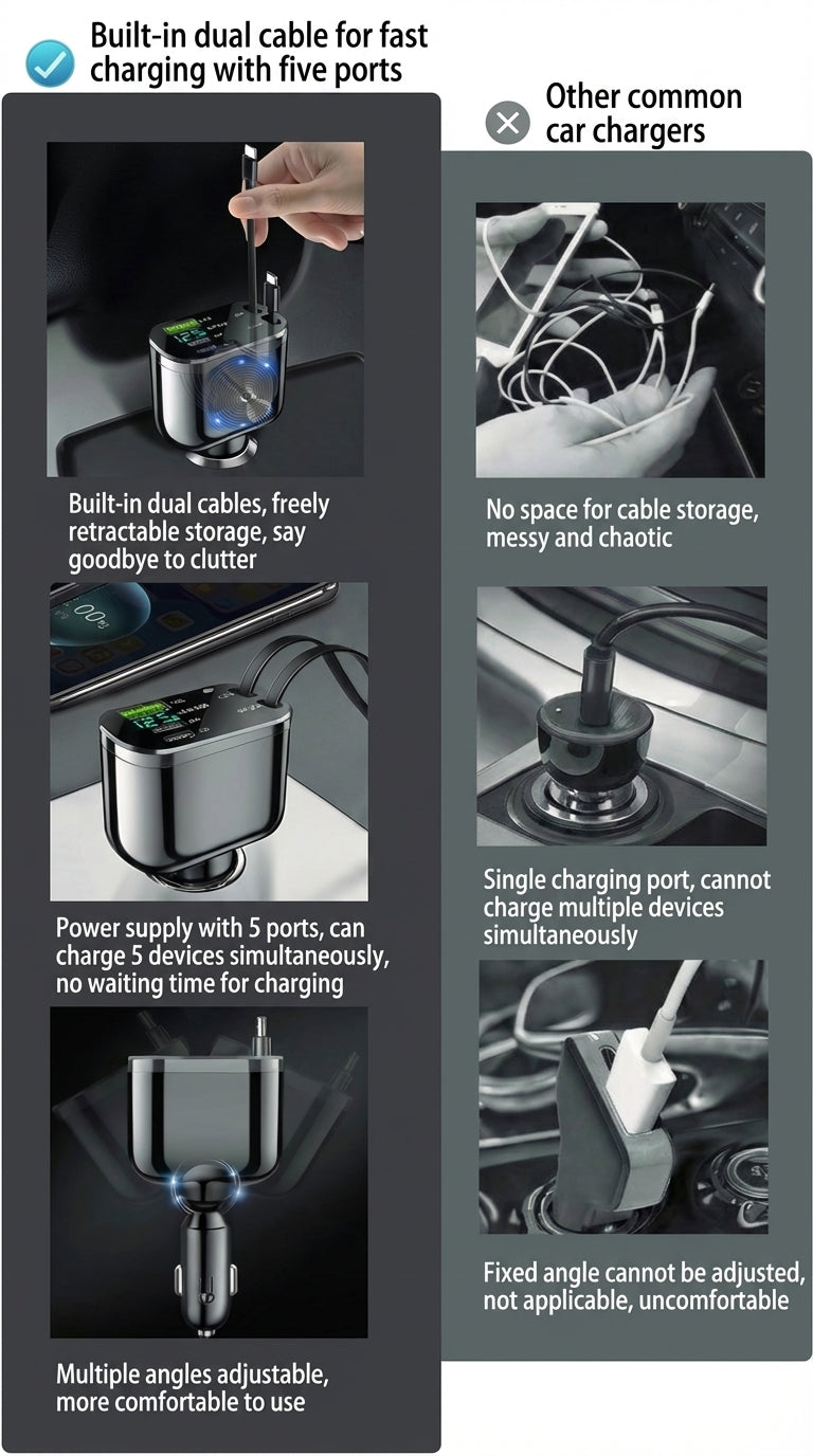 5-in-1 Car Charger for Front & Back Seat - With Extension Cord