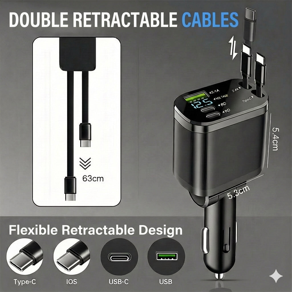 5-in-1 Car Charger for Front & Back Seat - With Extension Cord