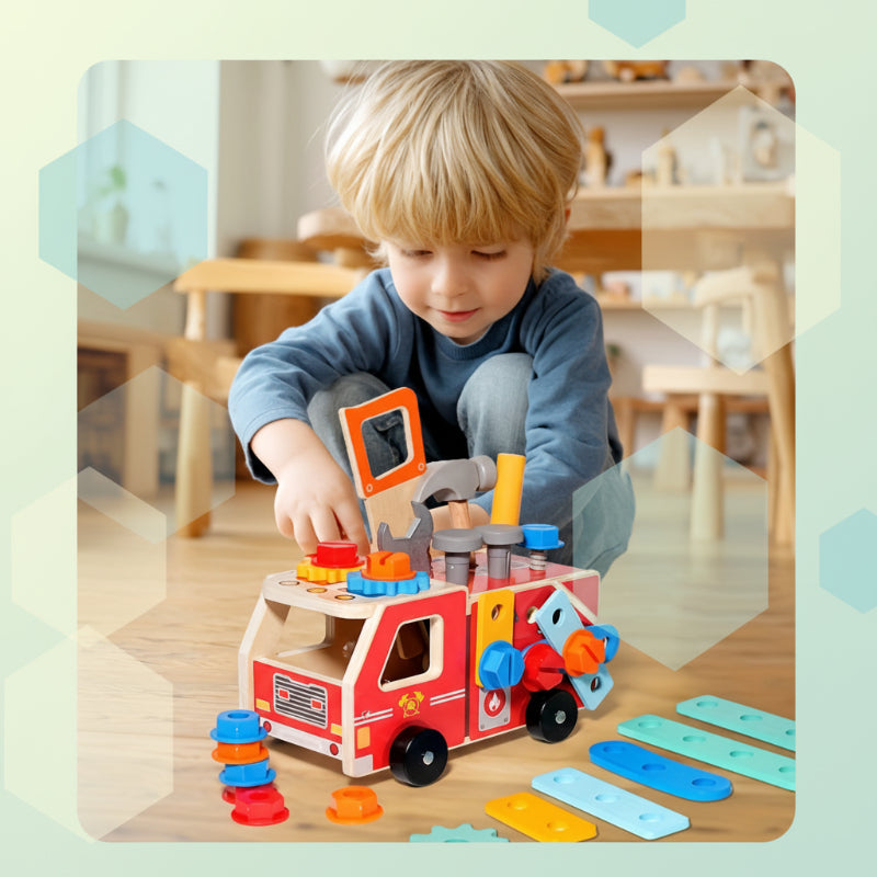 Wooden Fire Truck Building Kit – Construction Toy with Tools (Educational & Sustainable)