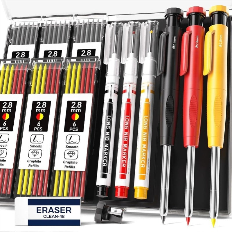 Complete Marking Kit for Tradesmen – 3 Carpenter Pencils – With Colored Refills – Essential Toolbox Addition