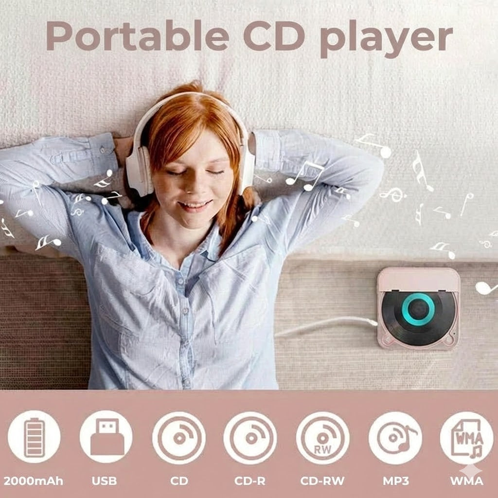 Portable CD Player with Bluetooth – Rechargeable Discman for Car & Travel (Anti-Shock)