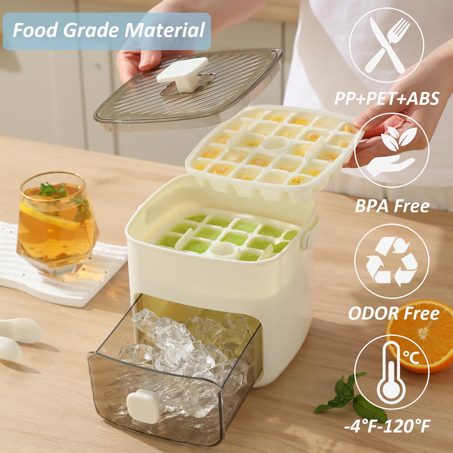 Ice Cube Tray with Lid and Bin, Ice Trays for Freezer, Flexible Ice Cube Trays