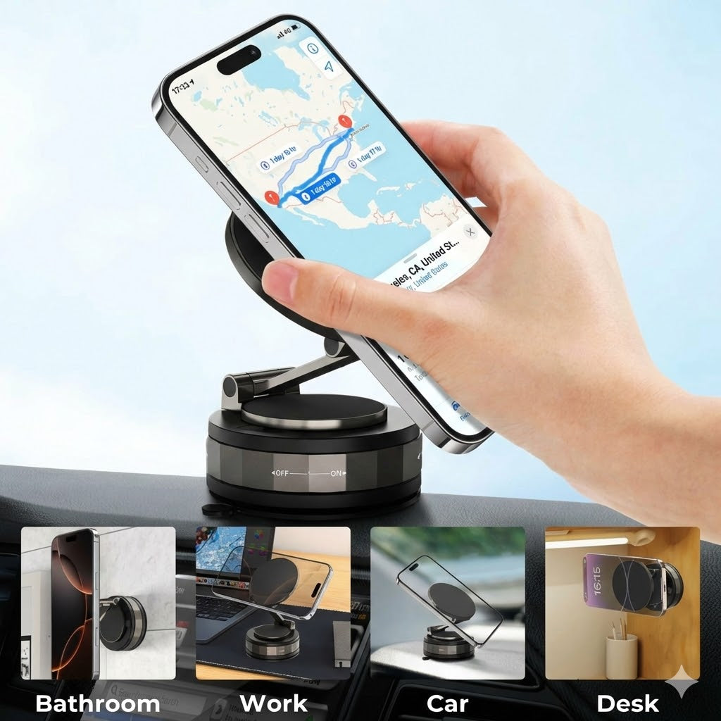 Magnetic Car Phone Holder – Vacuum Adsorption & Magnetic – 360° Rotatable – Super Stable for Dashboard & Windshield