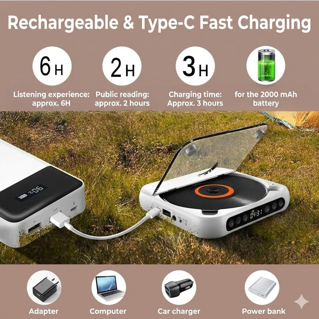 Portable CD Player with Bluetooth – Rechargeable Discman for Car & Travel (Anti-Shock)