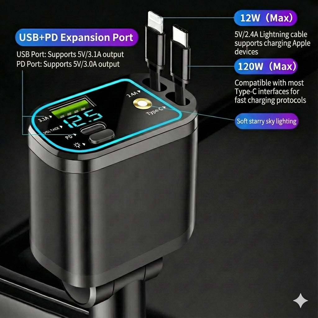 5-in-1 Car Charger for Front & Back Seat - With Extension Cord